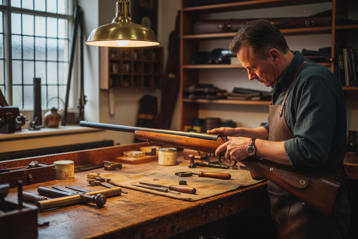 Hunting rifle being inspected by a gunsmith